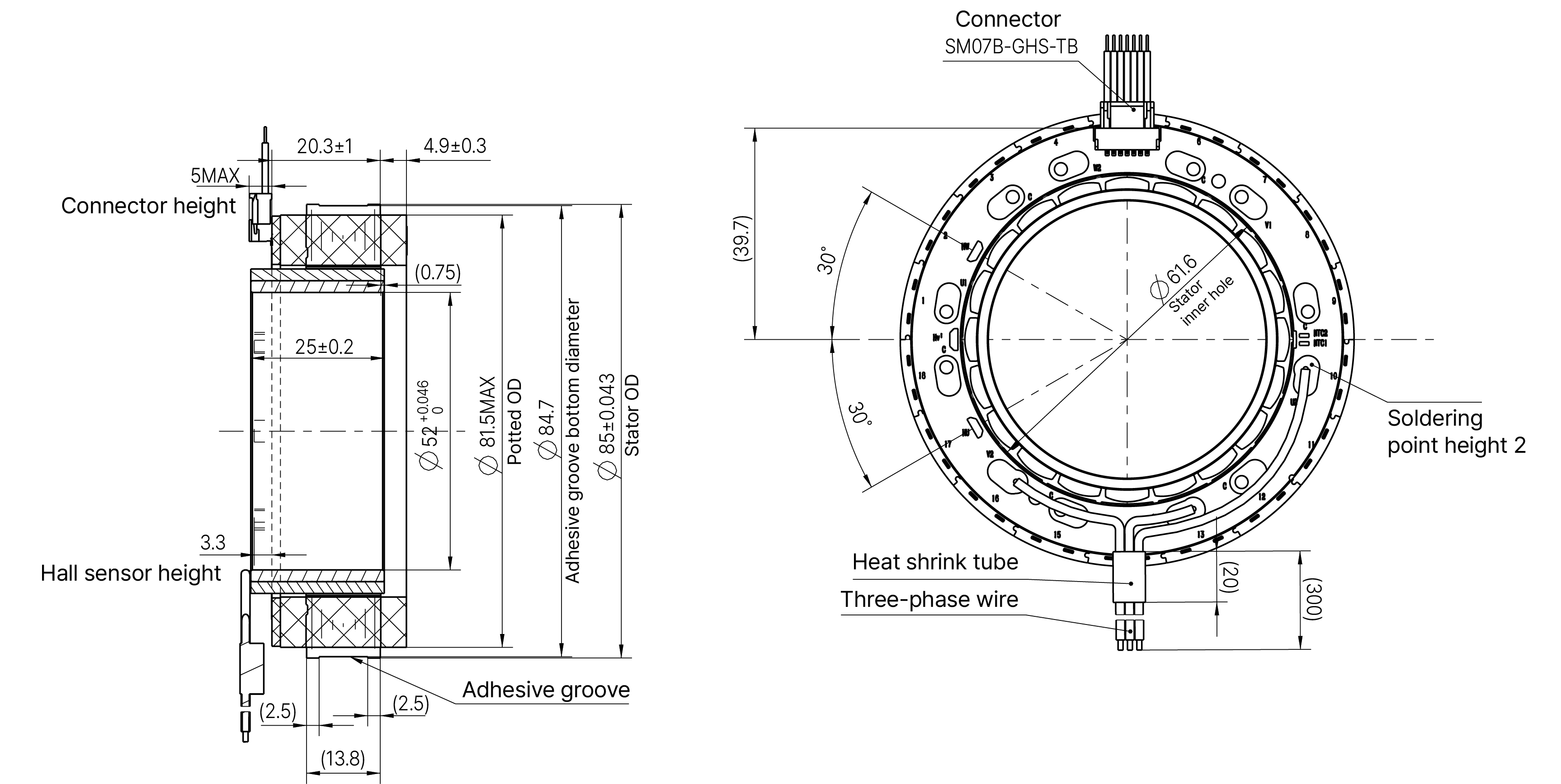 Frameless Motor Size 50mm Dimensional Drawing